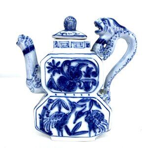 Chinese Teapot Blue And White Dragon Spout And Handle 6" Tall Vintage